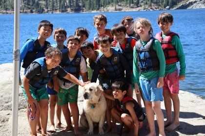 Mountain Camp Campers with Louie, the Camp Dog at the lake!